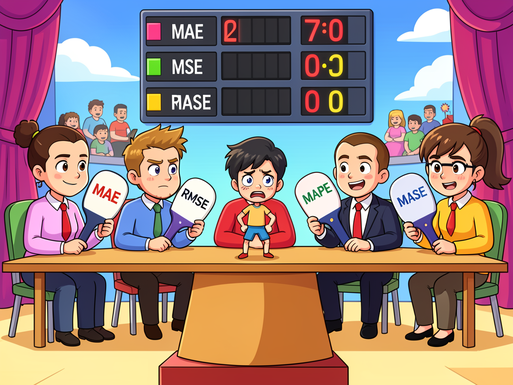 Cartoon judges holding score paddles labeled MAE MSE RMSE MAPE MASE rating a forecast model