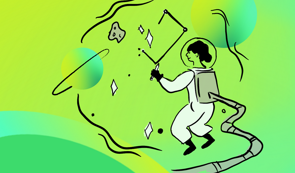 An illustration of an astronaut in space with a green background who is drawing constellations among planets.