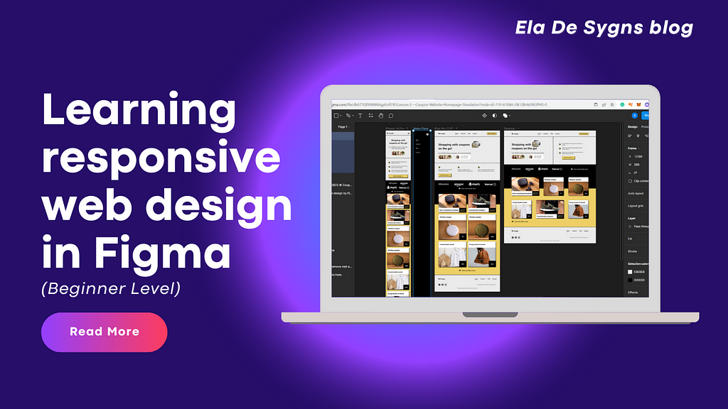 Featured image with a laptop showcasing sets of responsive web designs: Learning responsive web design in Figma (beginner level)
