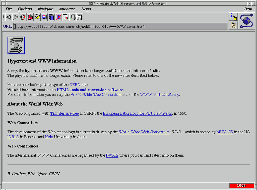 The Mosaic web brower displaying an early web page.
