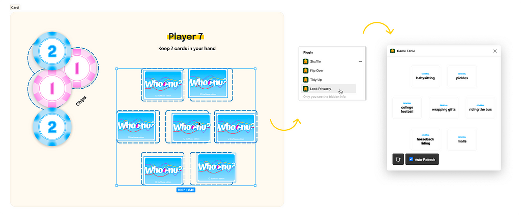 Diagram showing 7 horizontal cards on top of play mat selected in Figma. “Look Privately” action from Game table is selected which reveals the contents of the card