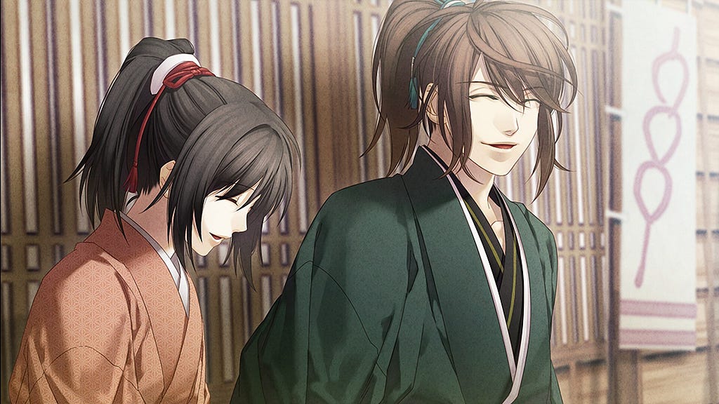 a screenshot from Hakuoki: Kyoto Winds, featuring the female main character with love interest Hachiro Iba