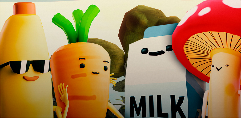 VRChat world 100Avatars Garden with Cool Banana, Carrot Kid, Milk and Mushy 3D characters