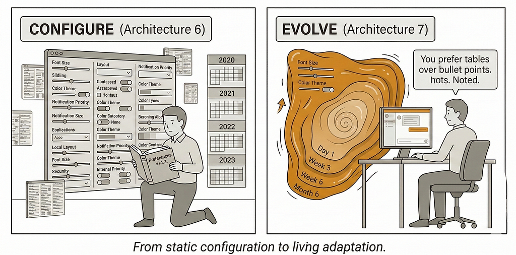 Two-panel comic showing the shift from Configure to Evolve. Panel 1: a knowledge worker kneels before an overwhelming settings panel with dozens of sliders and toggles, holding a thick manual titled ‘Preferences v14.2.’ Identical panels repeat for every application, unchanged across years. Panel 2: the settings panel has become an organic, layered surface that evolves over time — showing growth from Day 1 to Month 6. The worker simply works while the system learns around them.