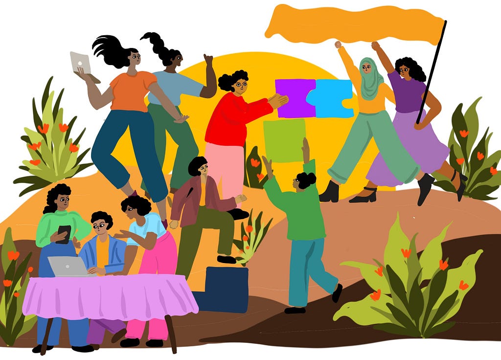 Colourful illustration of people organising: marching, working on a computer, sharing resources
