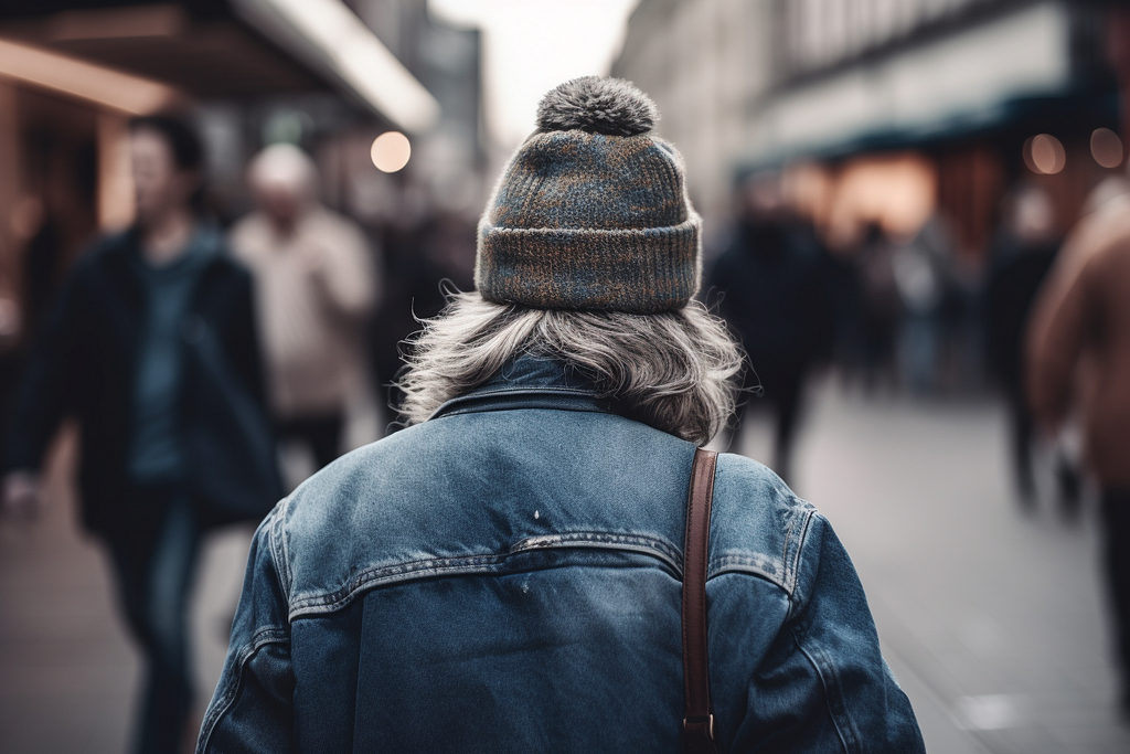 An ageing rocker, with grey hair, denim jacket, and a bobble hat, walks down a busy street.