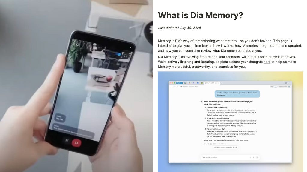 A composite image explaining the “Dia Memory” feature, showing a person recording their environment with a phone on the left, and a corresponding personalized AI chat suggestion on the right.