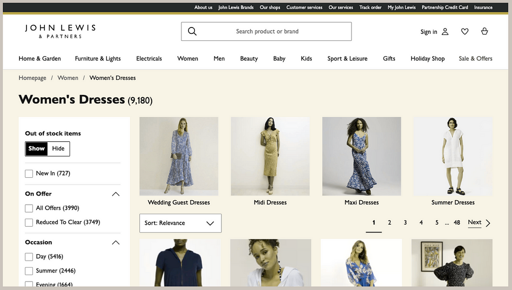 The John Lewis Women’s Dresses product listing page as viewed by a user with protanopia.