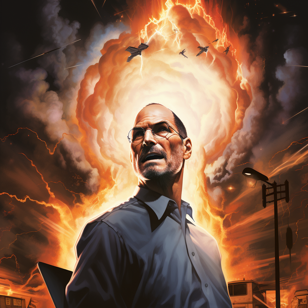 Steve Jobs looking intense and serious as he’s struck by his vision like a huge explosion.