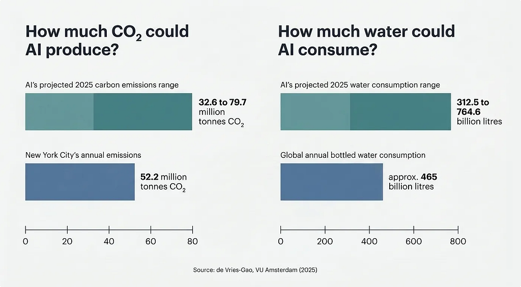 Two side-by-side horizontal bar charts comparing AI’s projected environmental impact against familiar reference points. Left chart: AI’s projected 2025 carbon emissions range of 32.6 to 79.7 million tonnes CO₂ set against New York City’s annual emissions of 52.2 million tonnes CO₂. Right chart: AI’s projected 2025 water consumption range of 312.5 to 764.6 billion litres set against global annual bottled water consumption of approximately 465 billion litres. AI’s upper range exceeds the bottled w