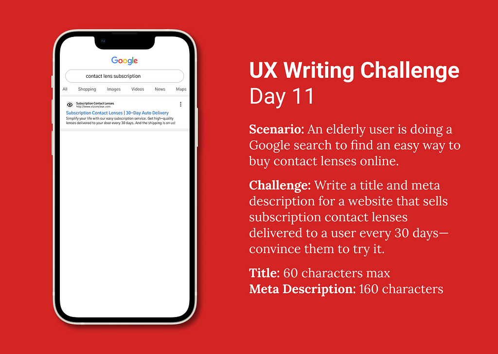 On the left, an iPhone on a red background with a lock screen mockup of a Google search result of “contact lens subscription”. The right shows the writing challenge objectives (below).