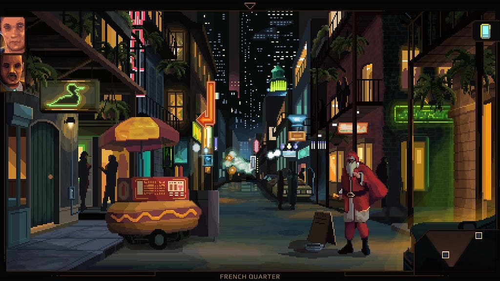 The French Quarter, featuring a sketchy hot dog stand and Santa the drug dealer.