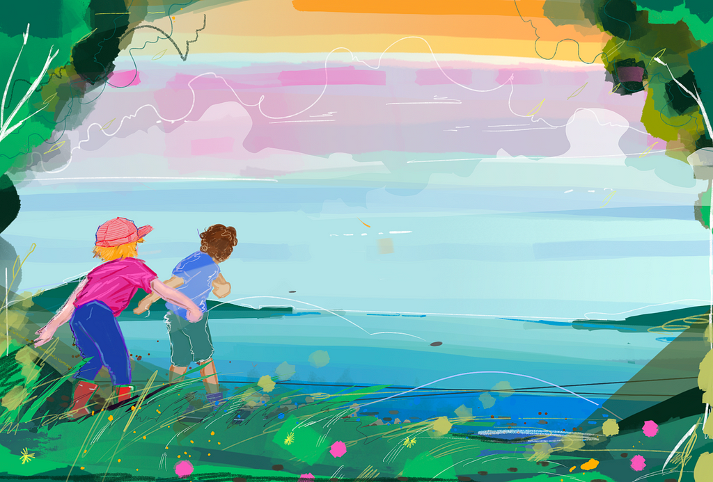 An illustration of two boys skipping rocks