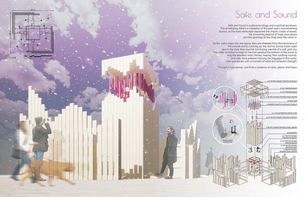 Rendering and diagrams of a public art installation in the winter