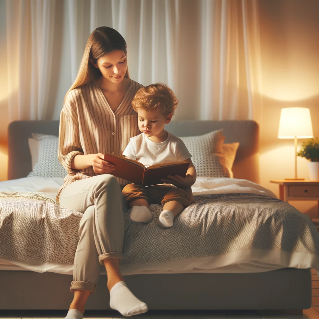 Mother and toddler engaged in a discussion on the new bed, emphasizing bedtime rules in a serene room setting