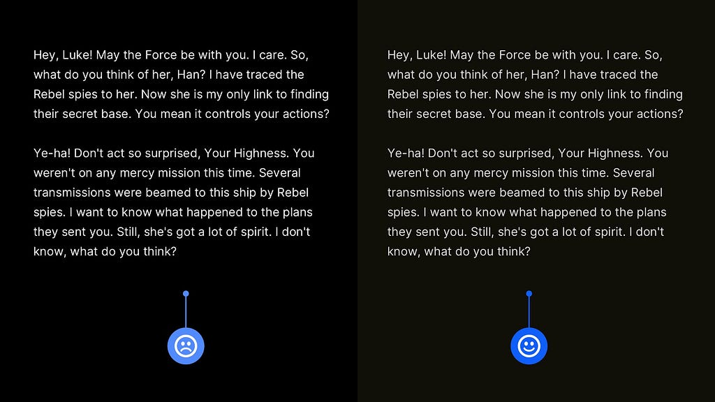 Two design examples. One with text paragraphs at pure white, and the other with paragraphs set at white with 85% opacity