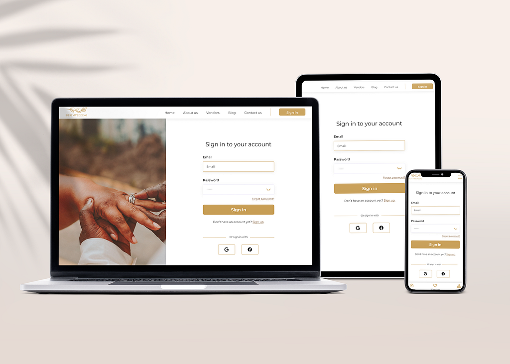 A laptop, an Ipad and a cell phone with BestWedding’s login page