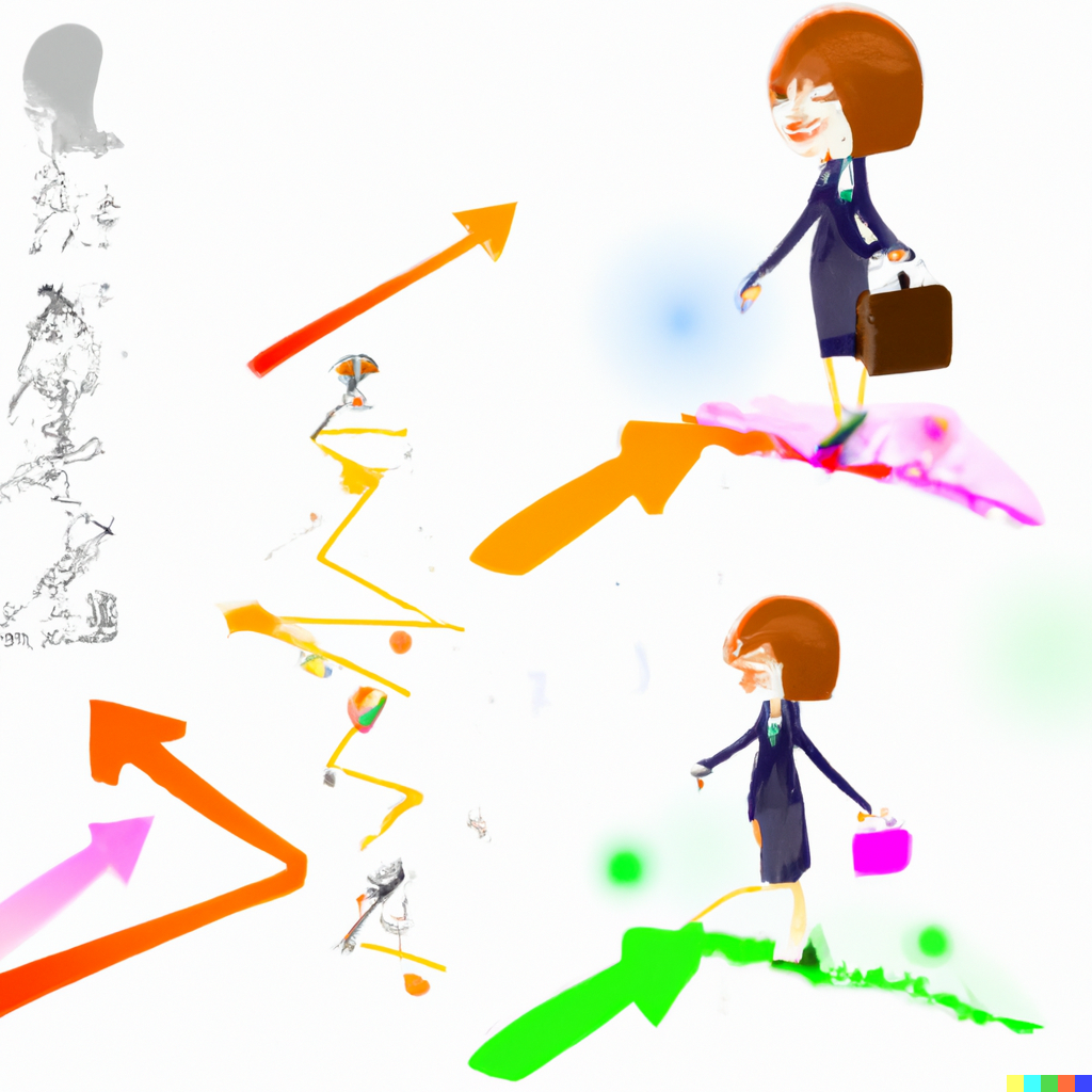 “The Entrepreneur’s Journey,” as imagined by openai. I’m not really sure what is going on here, but the sentiment feels accurate. She starts out looking excited where the grass is greener, goes through some things, looks like she dies a little, then comes out on the other side looking frazzled yet happy.