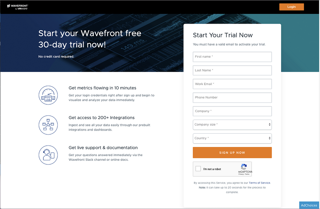 Screenshot of new sign up form for Wavefront’s 30 day free trial