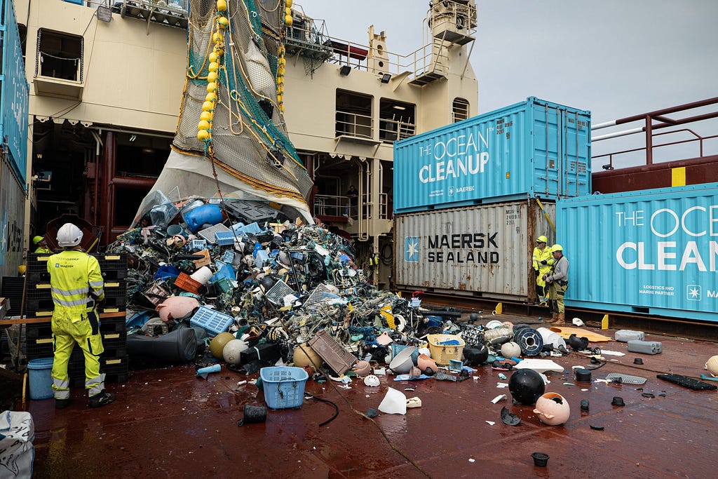 A picture of a ship collecting plastic waste from the ocean. The ocean clean up, to accompany a blog written by CHANTELLE ROBERTS at Sopfi Studios.