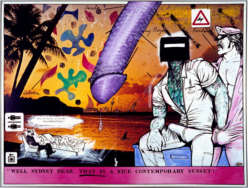 Juan Davila’s painting ‘Is it art?’. It depicts a Sydney sunset with the words ‘Well Sydney dear, that is a nice contemporary sunset!’ below and homoerotic imagery plastered on top.