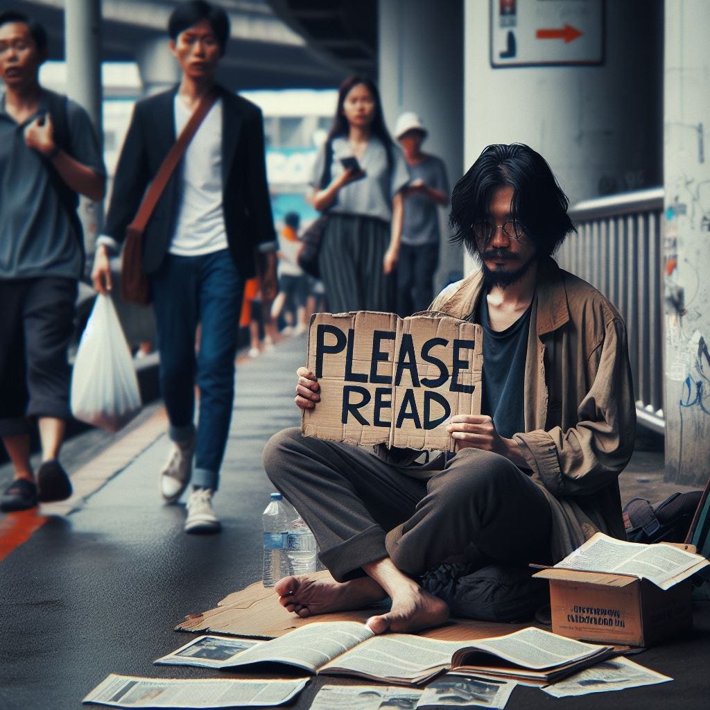 A scene of a homeless writer sitting on a sidewalk, earnestly asking passersby to please read his article. He holds a “Please Read” sign. The atmosphere is melancholic as people walk by, completely indifferent, almost repulsed by his presence.