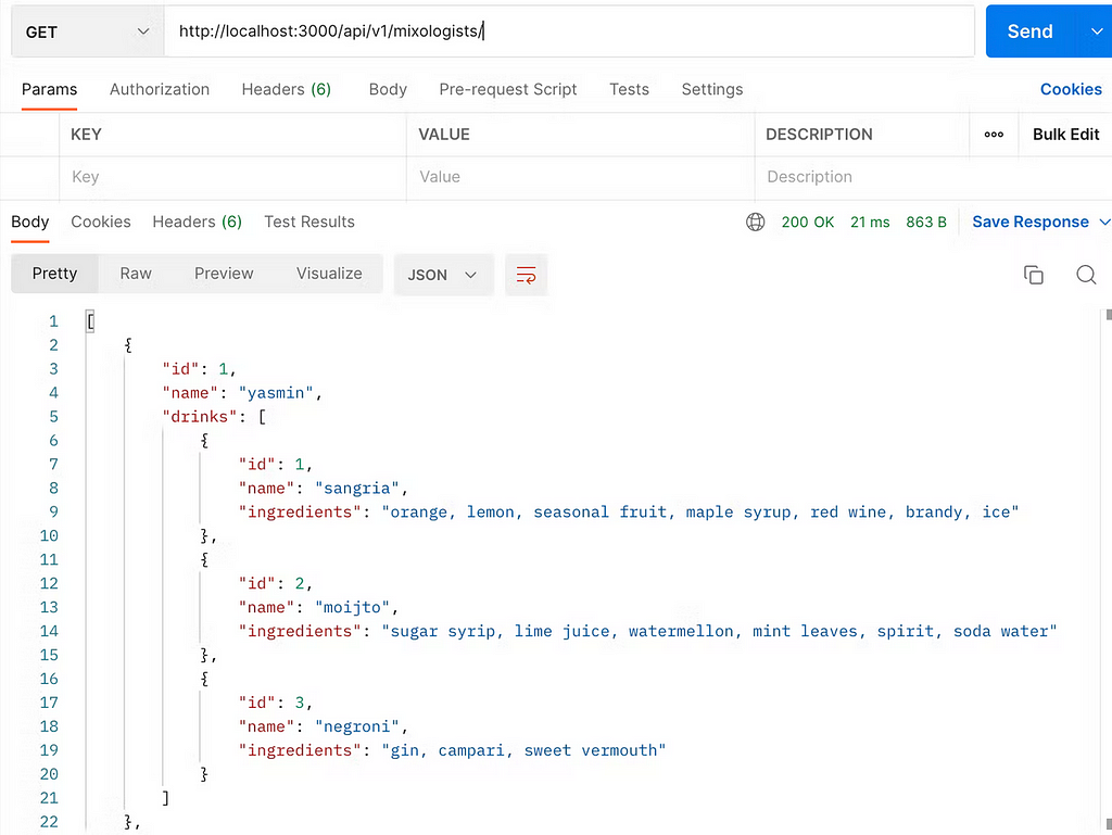 screenshot of a postman workspace calling a get request on the mixologist API