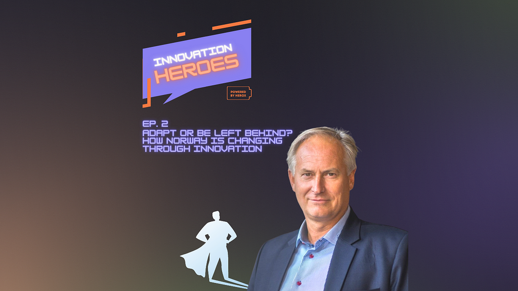 Image with a dark grey background and a picture of Truls Berg that has a silhouette of a caped super hero that depicts his shadow. It says “Innovation Heroes — powered by HeroX” in the top left corner followed by “Ep. 2 Adapt or be left behind: How Norway is Changing Through Innovation”.