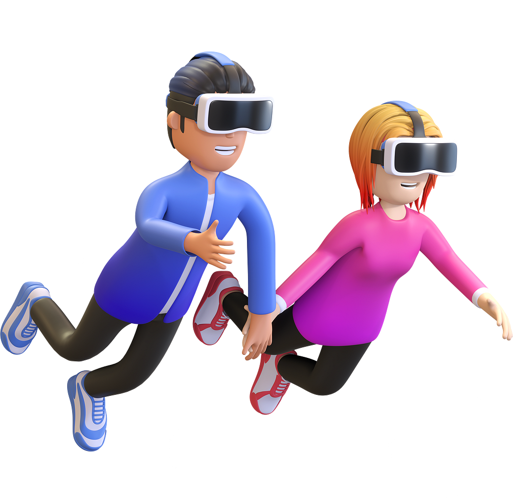 A couple holding hands and wearing a VR headset