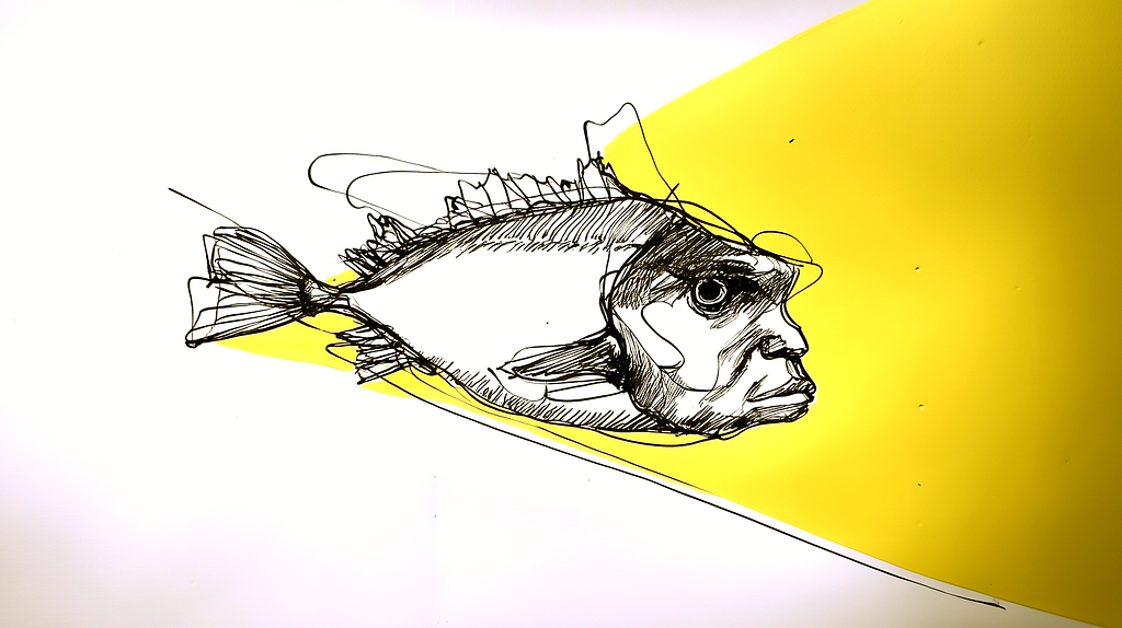 Loose hand sketched a fish with a human face.