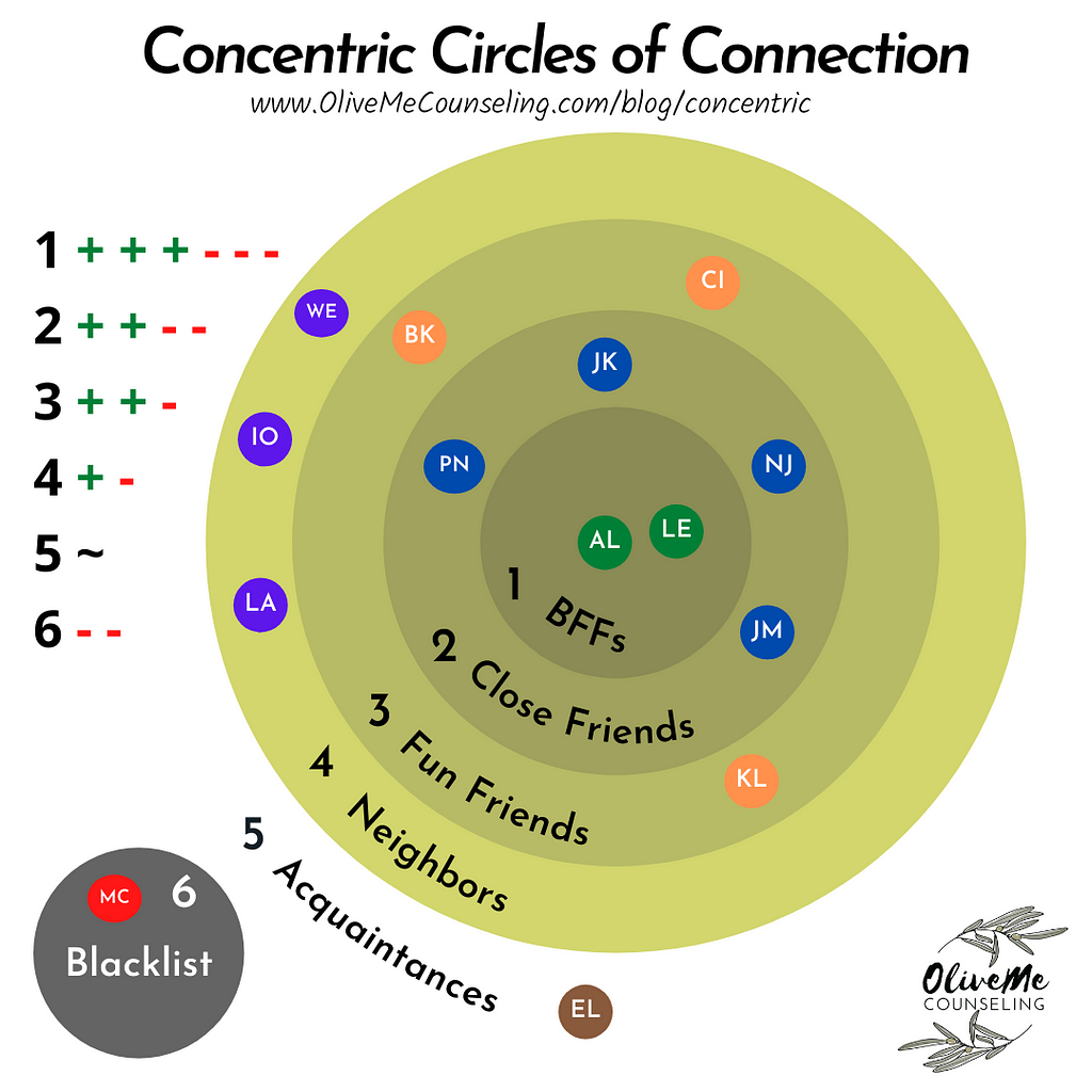 a diagram showing concentric circles with labels showing different categories of friendships ranging from BFFs to acquaintances.