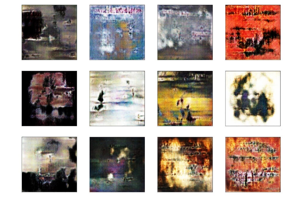 Examples of WGAN generated album covers. 4 by 3 grid of abstract, color images.