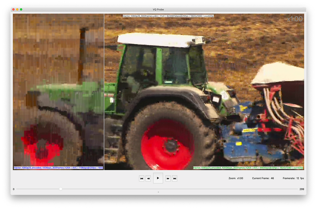 VQ Probe shows 2 tractor movies encoded with different bitrates