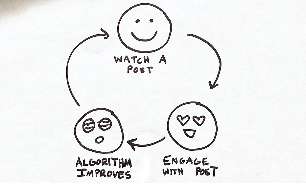 A drawn positive feedback loops, which is the engine of recommendation algorithms like TikTok, Netflix, and Spotify.