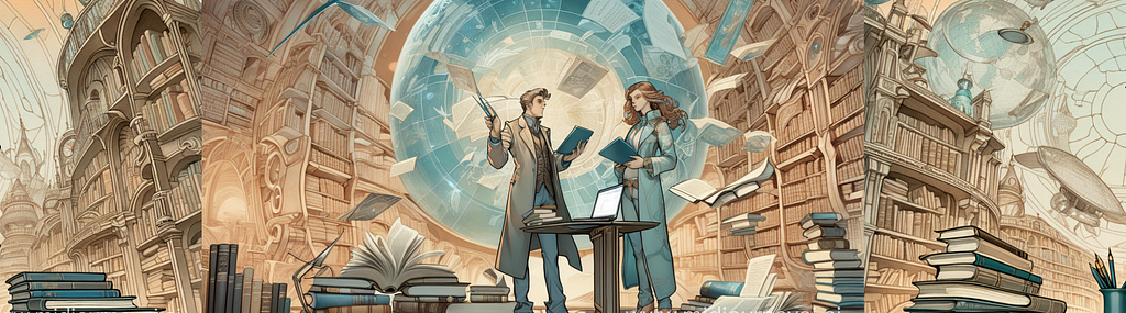 illustration of a man and woman in a futuristic library, holding books and talking