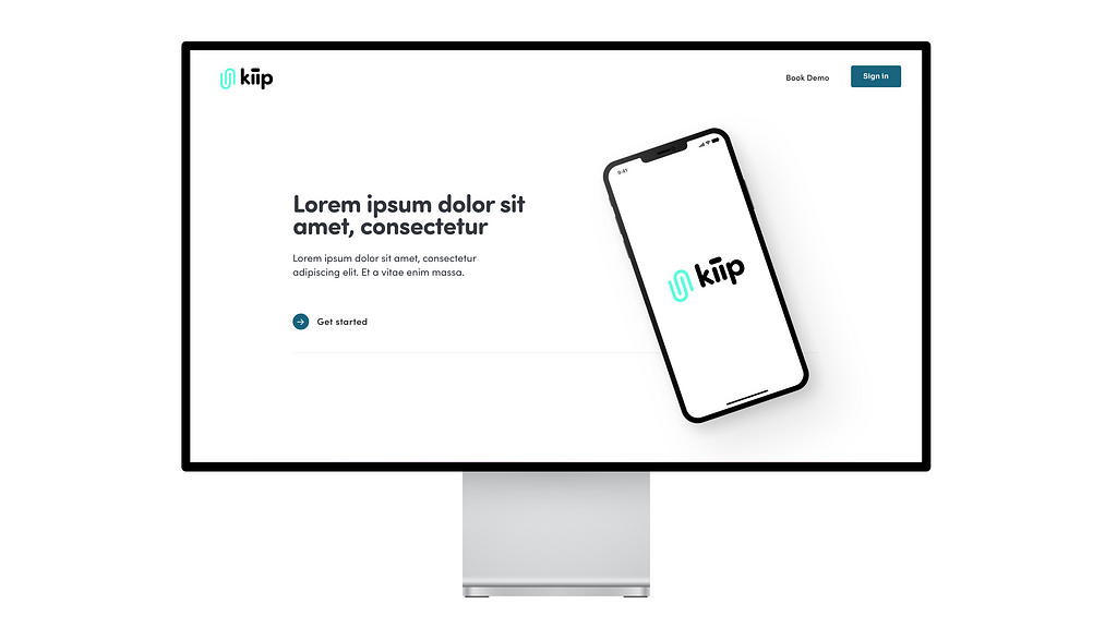 A mockup design of the website with the kiip logo in bright green and dark blue buttons.