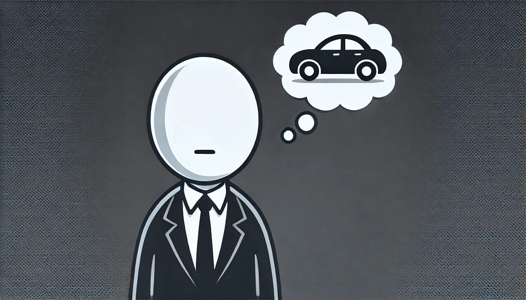 Eyeless cartoon character imagining a colorless car.