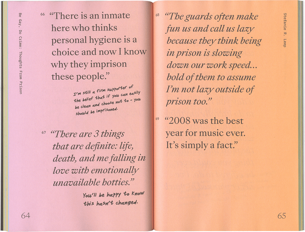 Scan of a colorful book spread. The background is a pastel gradient transitioning from a pink left edge to an orange right edge. The type layout is very dynamic and includes four large featured text blocks constrained within a distinct column, along with handwritten text that is scattered across the pages and disregards the grid.