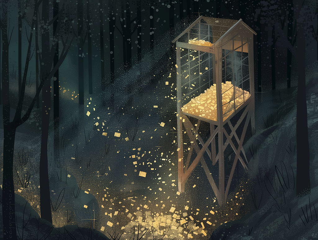 A nocturnal scene with a glass house filled with light particles of gold in a dark forest, casting a warm glow on the surrounding area. Illustration.