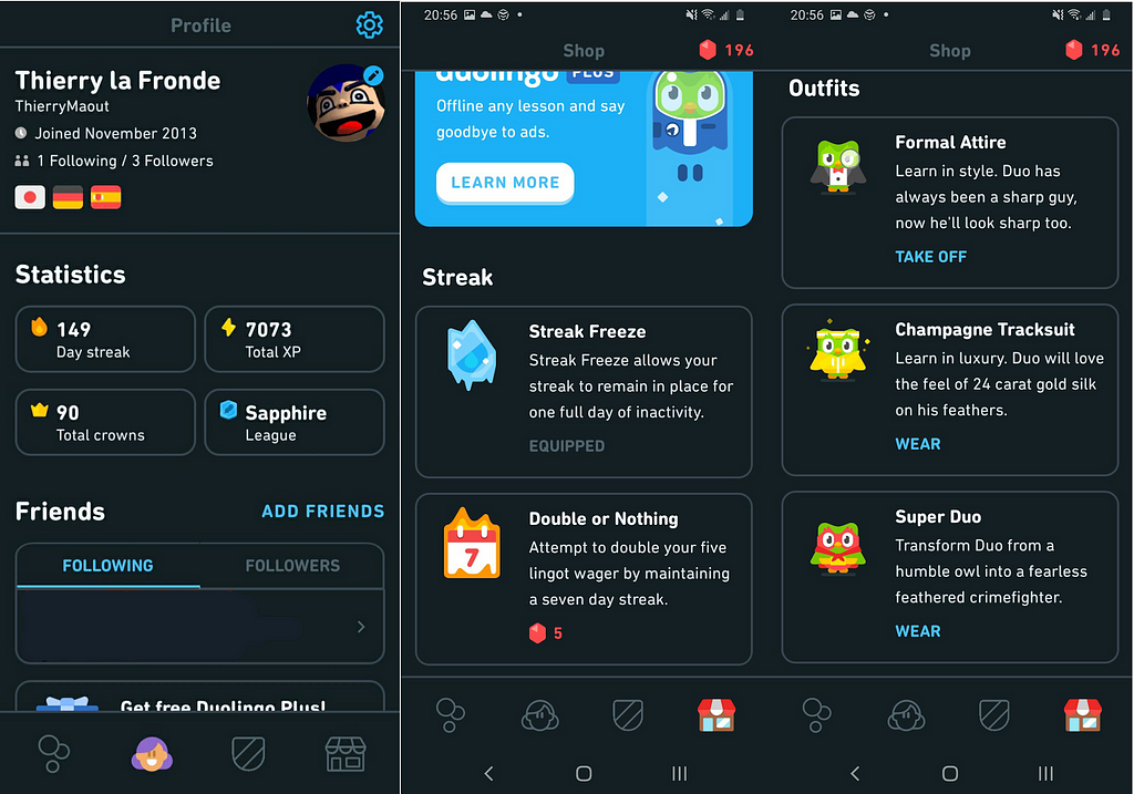 Screenshot of three different screens from the app: The user settings, in-game items and outfits users can get for Duo the Mascot