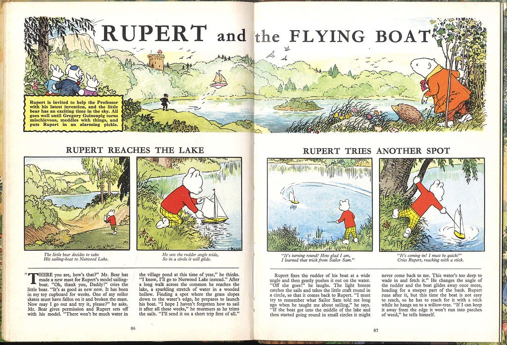 A coloured two-page spread from a Rupert annual (1973) showing an excerpt from “Rupert and the Flying Boat”.