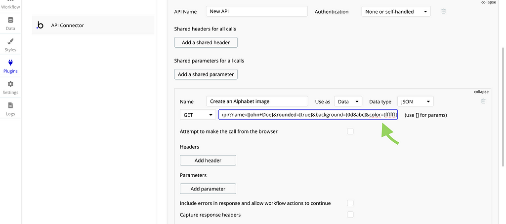 A picture showing modified parameters on our endpoint in the API connector