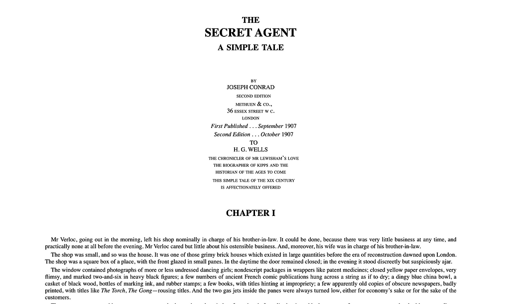Screenshot of the Project Gutenberg version of The Secret Agent.