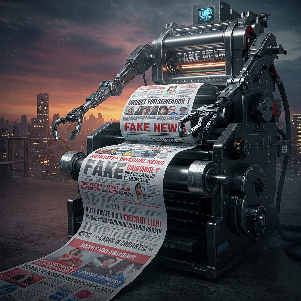 Dystopian digital art of AI misinformation printing press