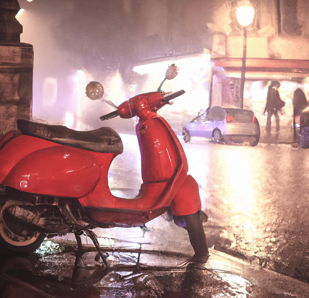 A red motorbike on a wet street in a city, presumably France.