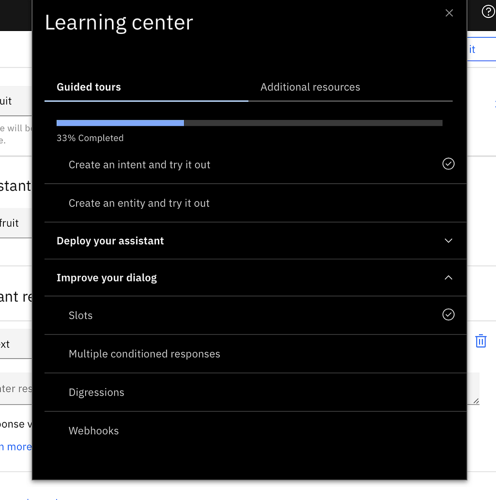 Screen shot of the Watson Assistant console and the dropdown menu showing the learning center.