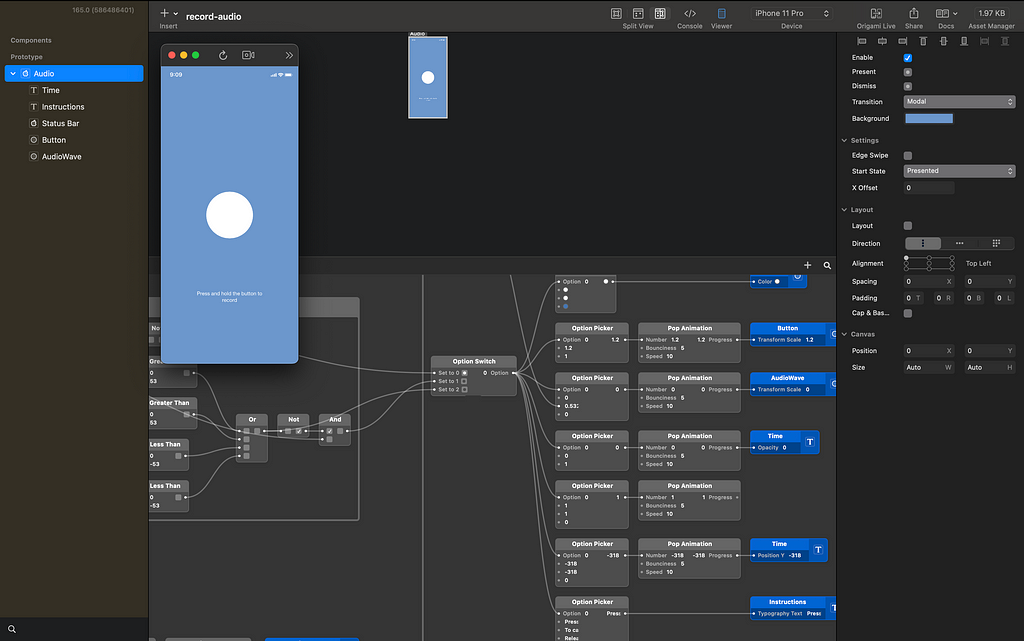 Origame interface where a tree of nodes is shown