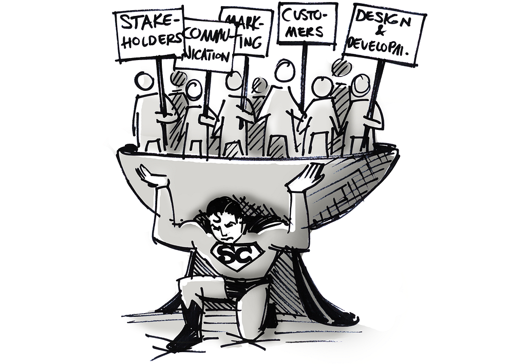 A drawing of a superhero — representing the strong service concept — carrying many different stakeholders