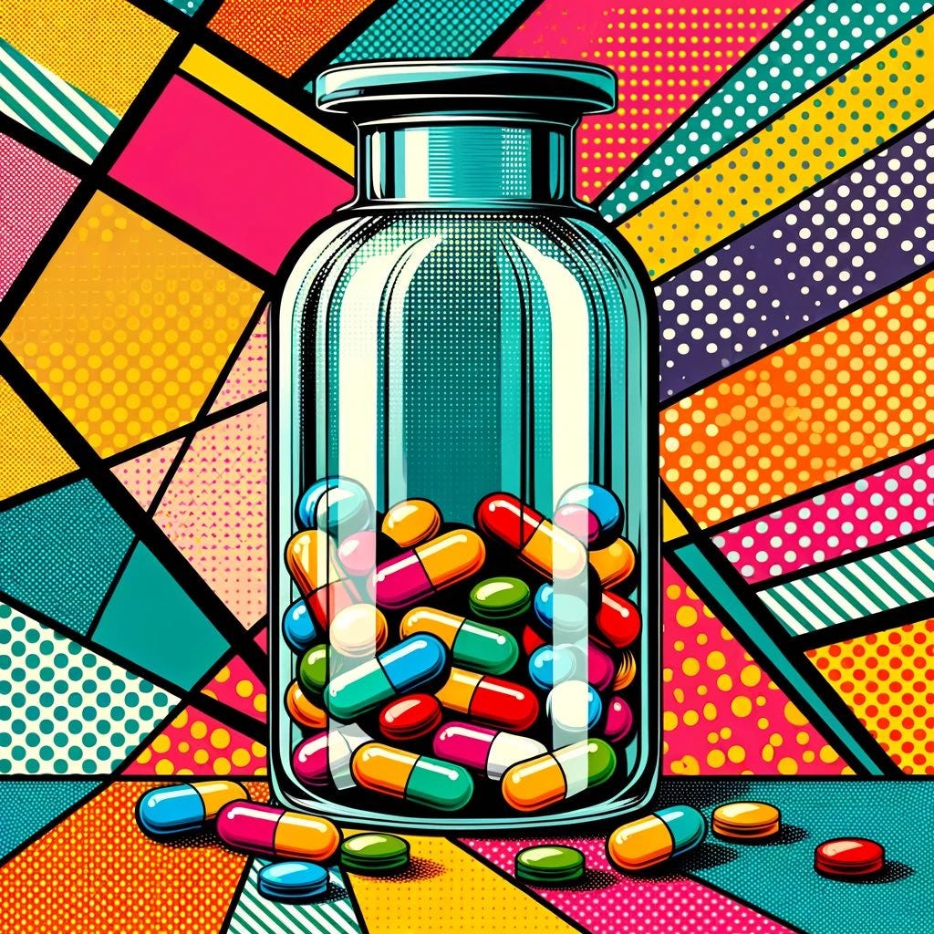 Pop art-style image of a colorful pill bottle