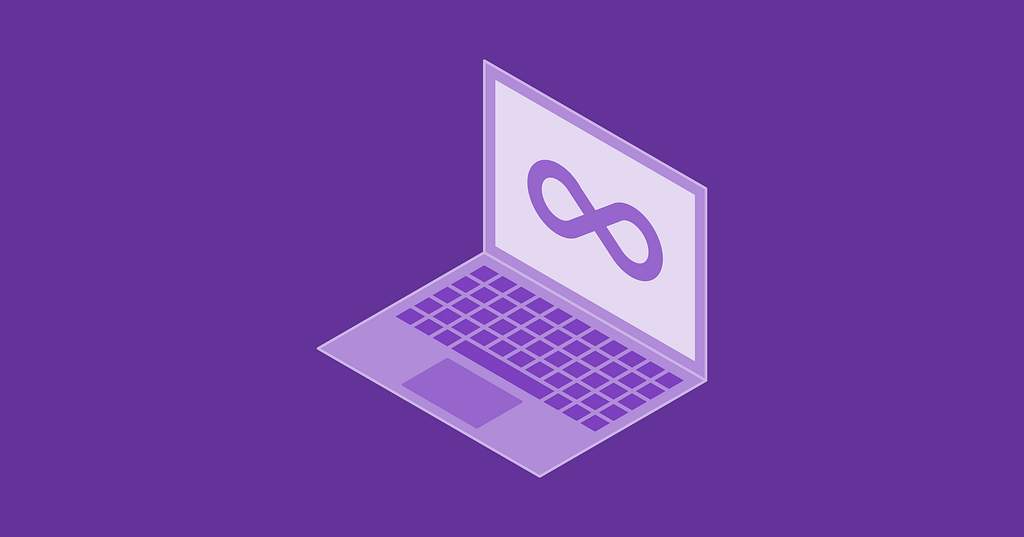 A purple open laptop showing the infinity symbol on the screen. Digital isometric illustration by Xurxe Toivo García.